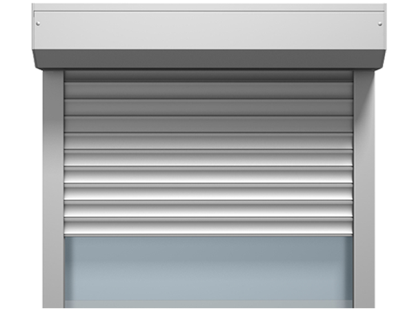 Roll storm shutters lowered over openings